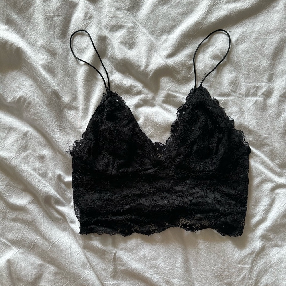 Floral Skinny Strap Lace Triangle Bralette Top Crop Tank in black - Picture 1 of 2